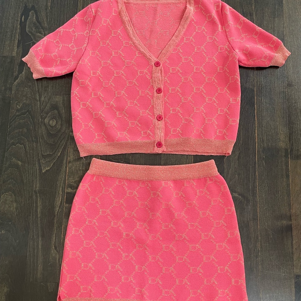 Pink Patterned Knit Cardigan & Skirt Set Size S